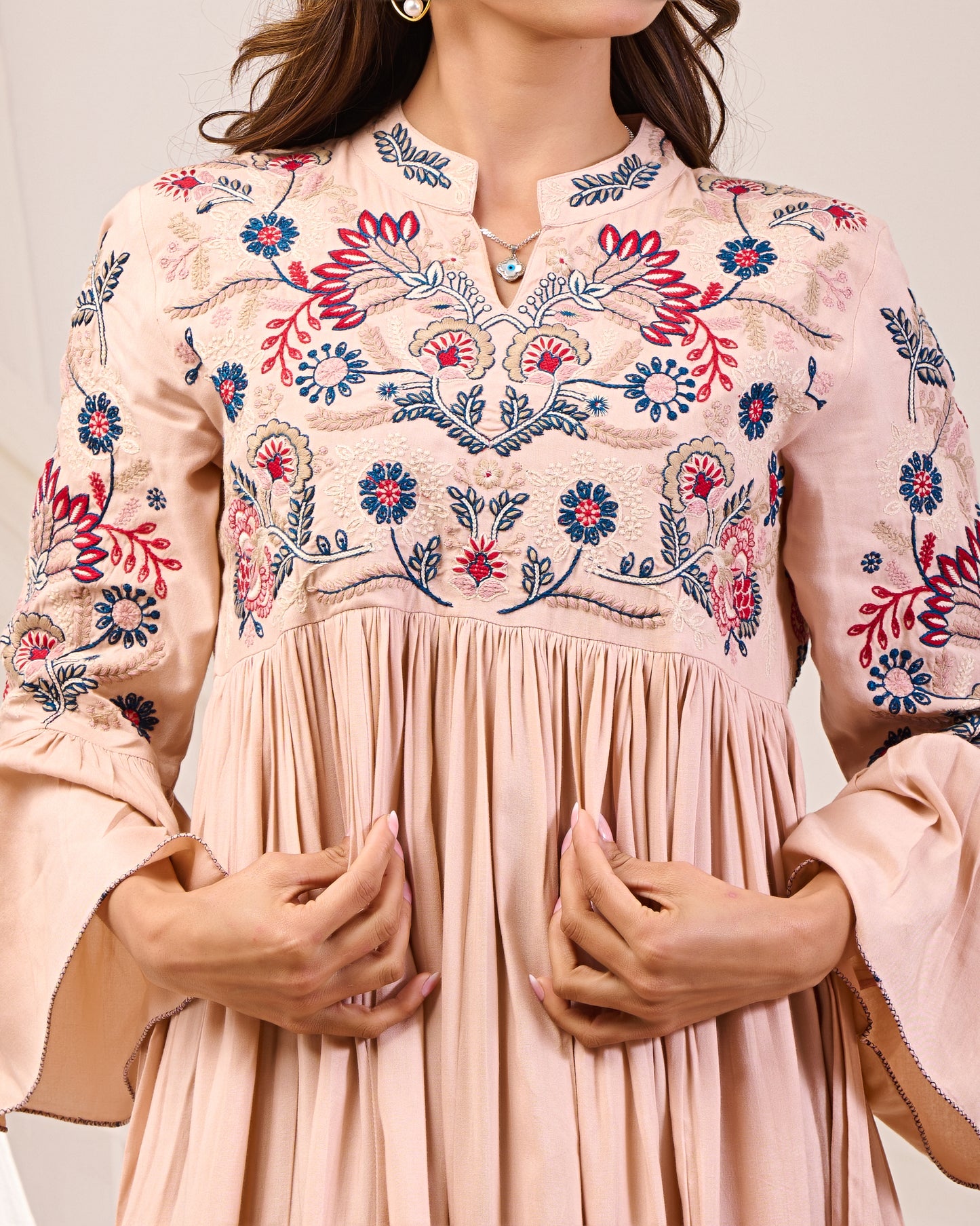 Women's Peach Embroidered Flared Dress | Long Kurta with Bell Sleeves