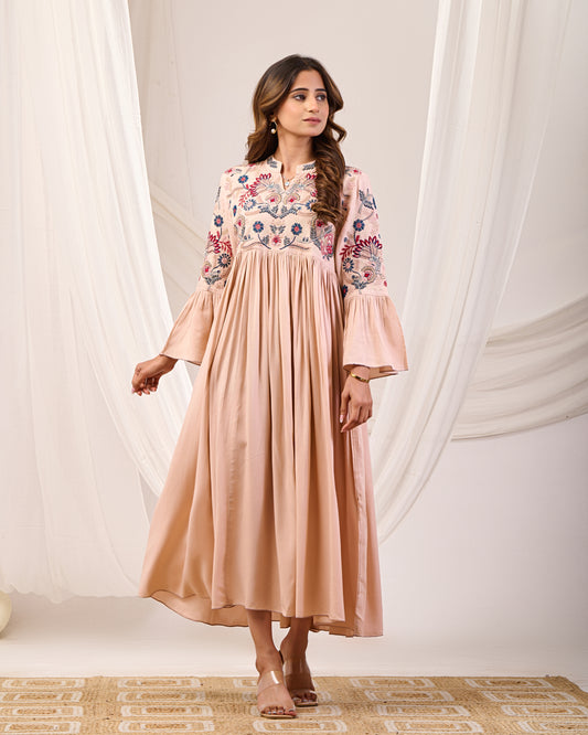 Women's Peach Embroidered Flared Dress | Long Kurta with Bell Sleeves