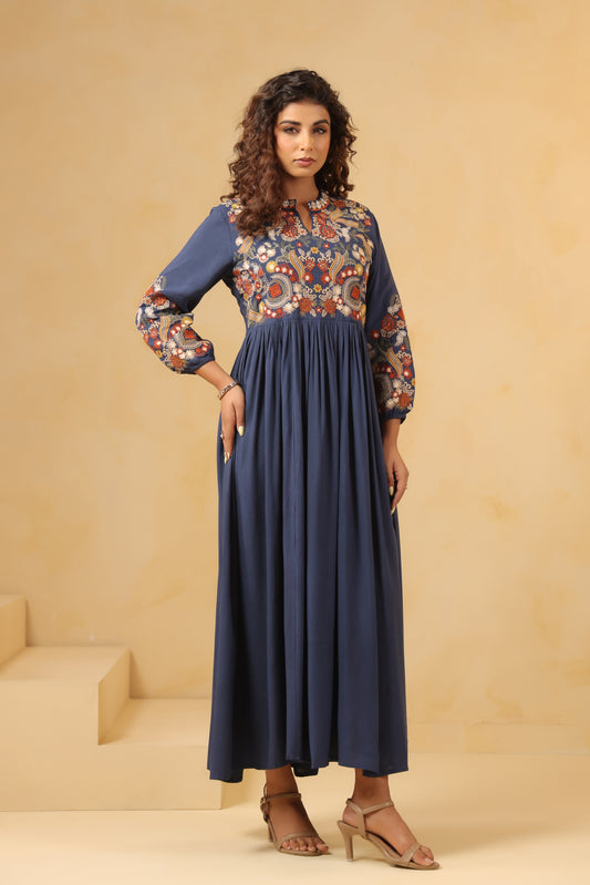 Floral Embroidered Maxi Dress with Pleated Skirt/Tunic