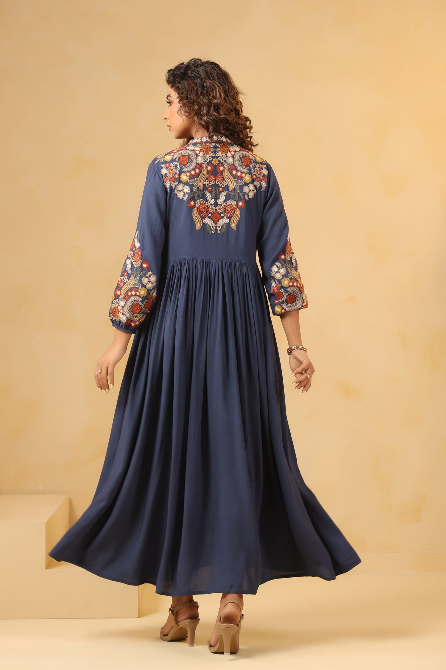 Floral Embroidered Maxi Dress with Pleated Skirt/Tunic