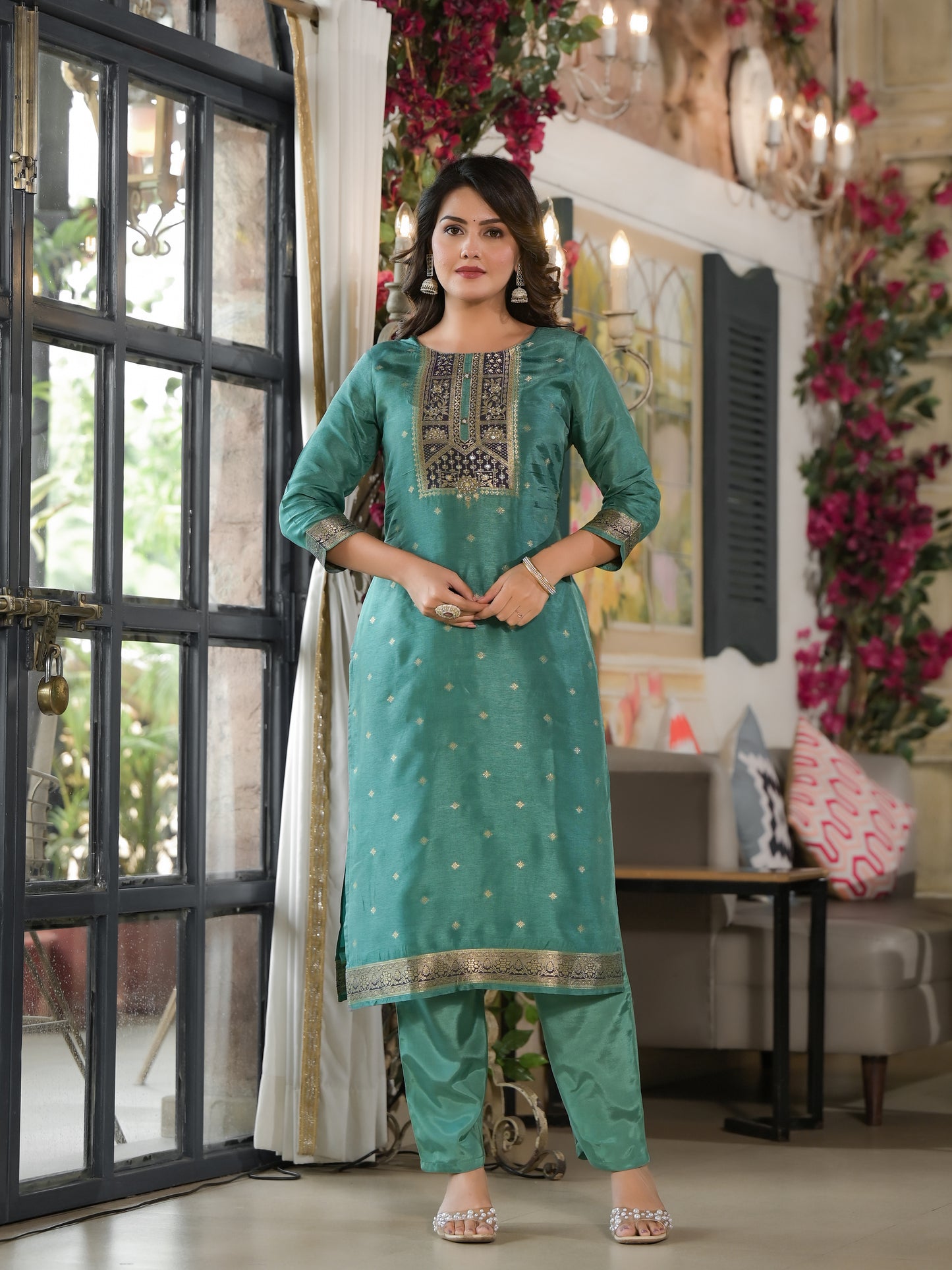 Sea Green Traditional Weaving Suit Set