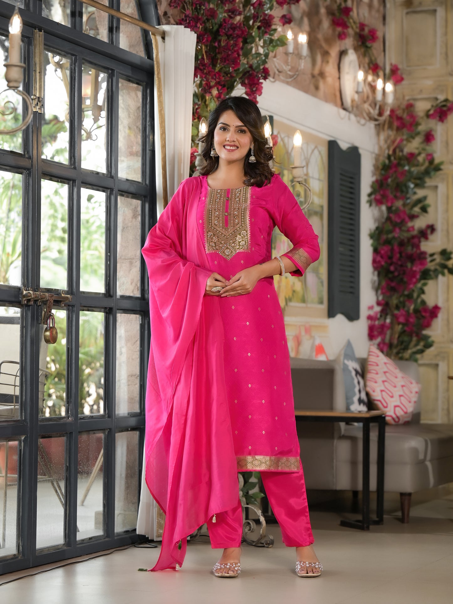 Bright Pink Round Neck Ethnic Pure Suit Set