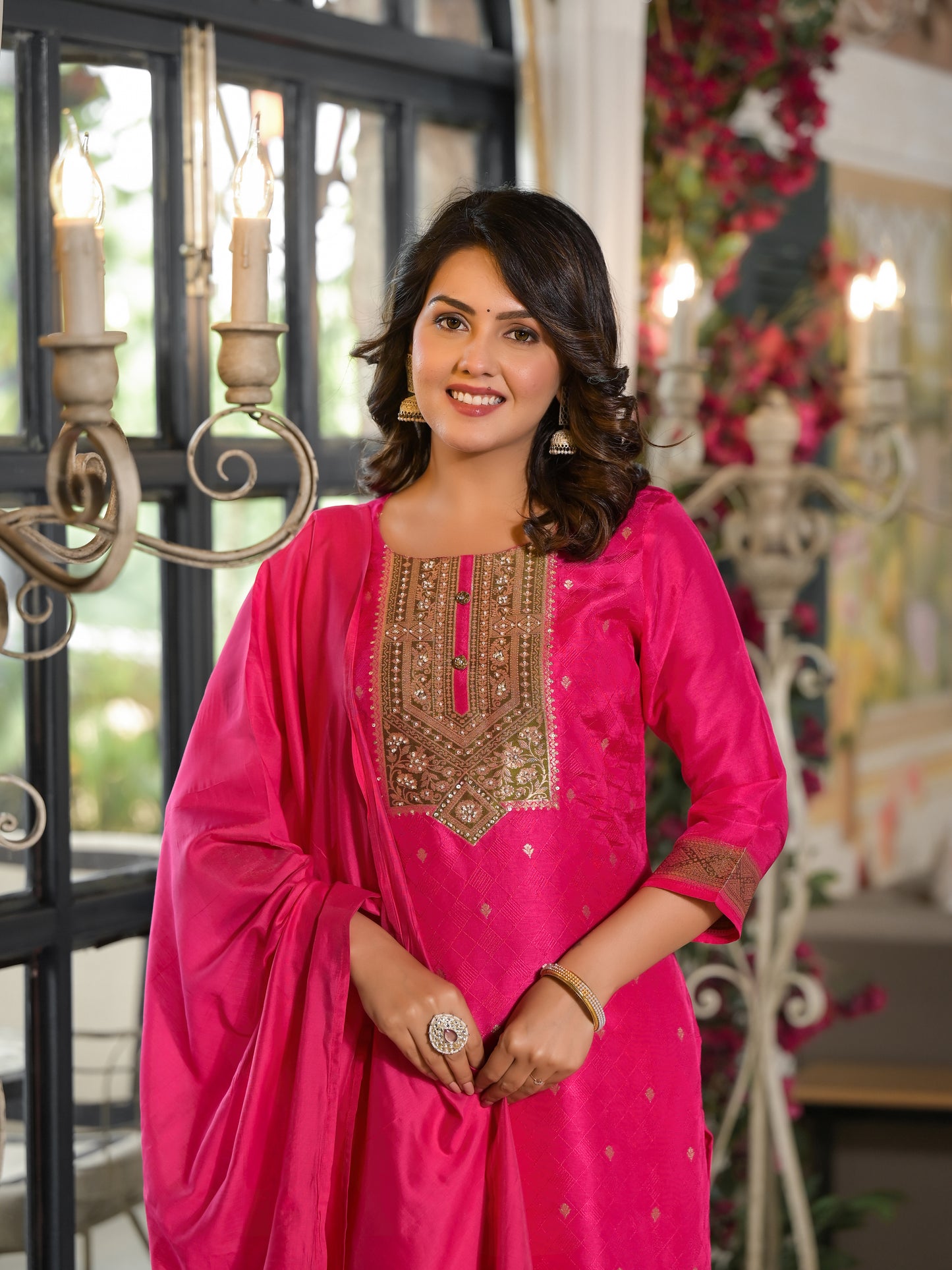 Bright Pink Round Neck Ethnic Pure Suit Set