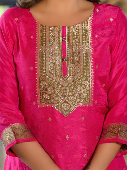 Bright Pink Round Neck Ethnic Pure Suit Set