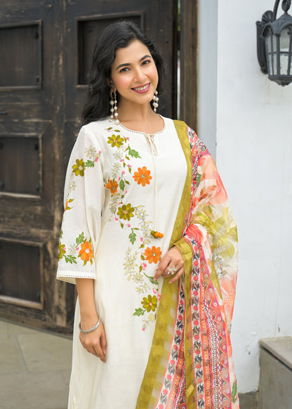 🌿 Ivory Bloom Embroidered 3-Piece Suit Set