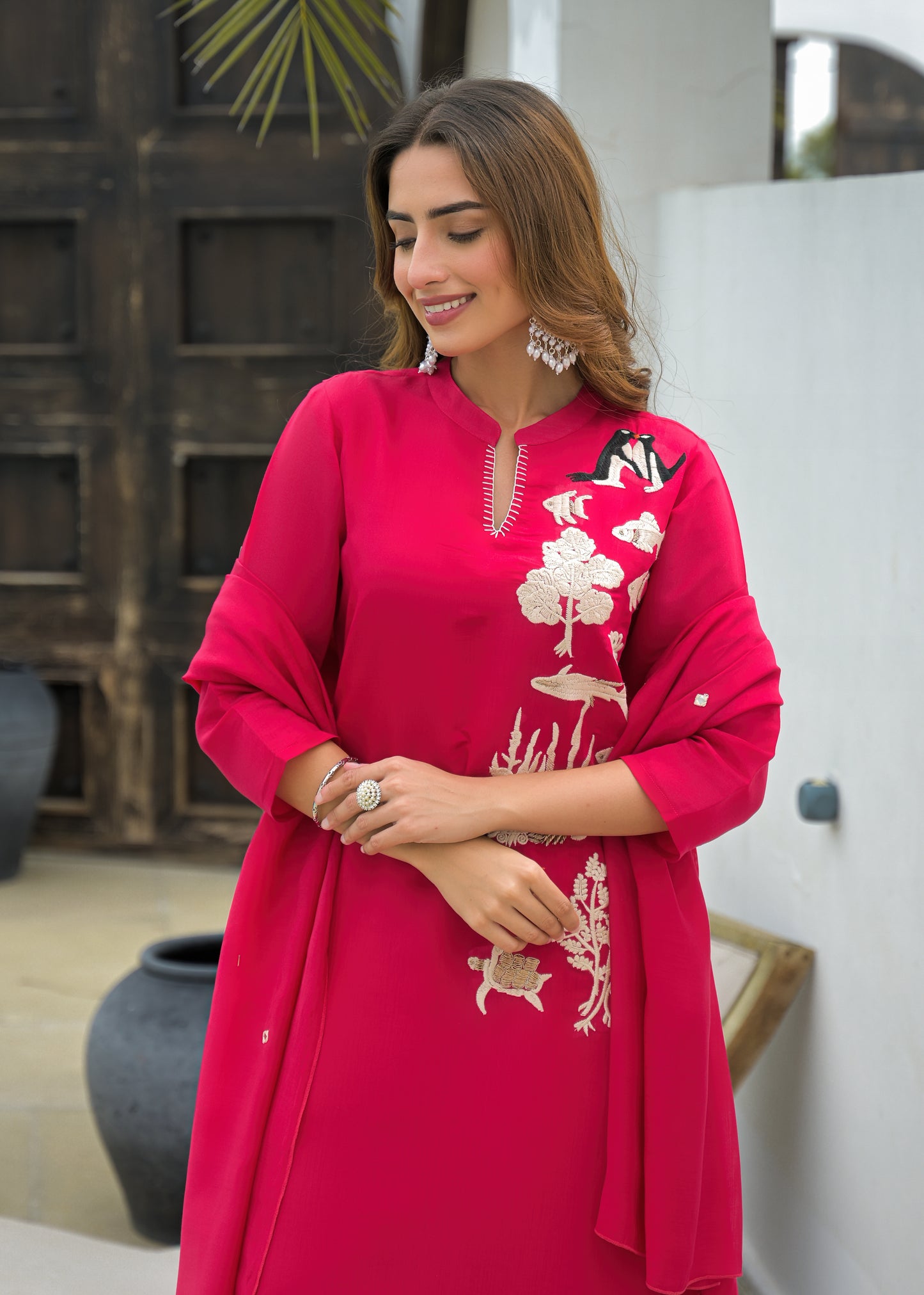 Fuchsia Pink Embroidered Co-Ord Set