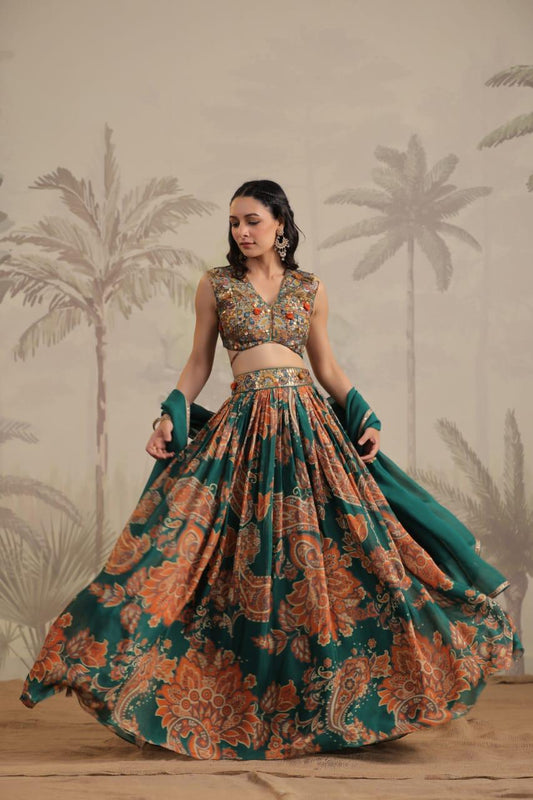 Diwali Special Premium Ethnic Green Lehenga with Blouse Embroidered Elegance