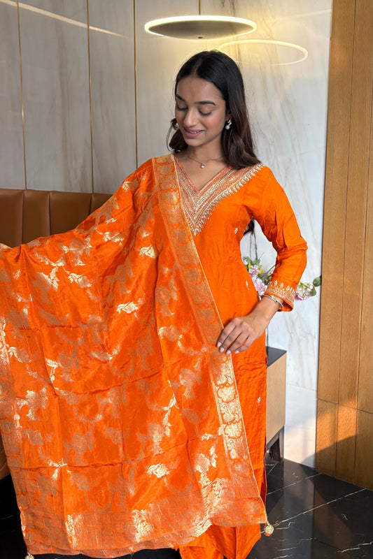 Elegant Orange Dolla Silk Ensemble