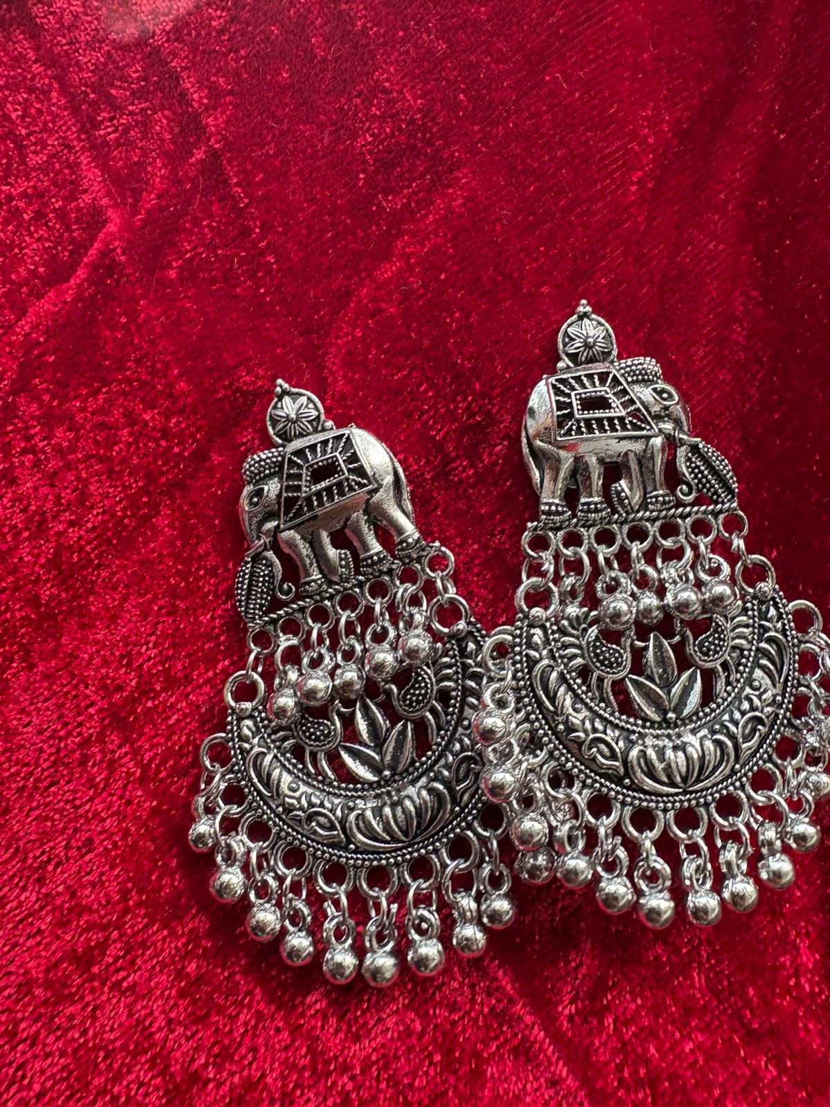 Elephant Motif Oxidised Silver Jhumka