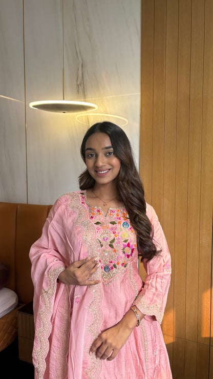 Festive Anarkali suit in Dola silk with thread work