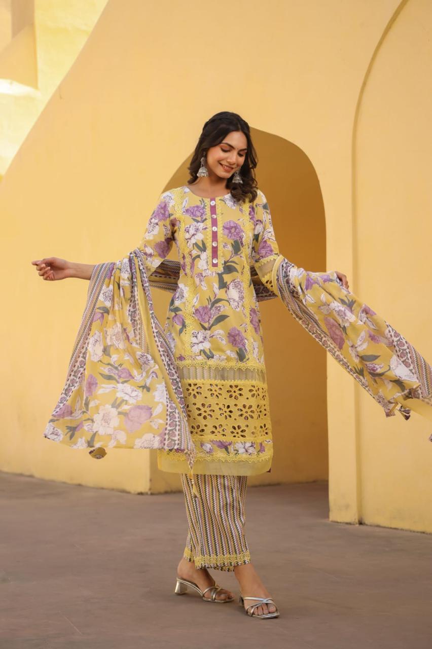 Floral Print & Embroidery Yellow Suit Set