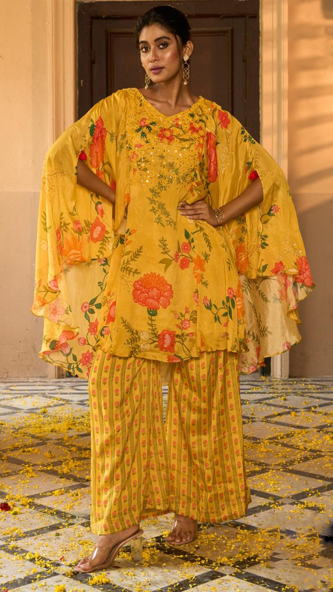 Floral Printed Yellow Indo-Western Set 