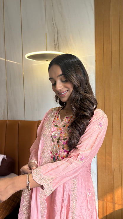 Fully stitched pink Anarkali suit with organza dupatta