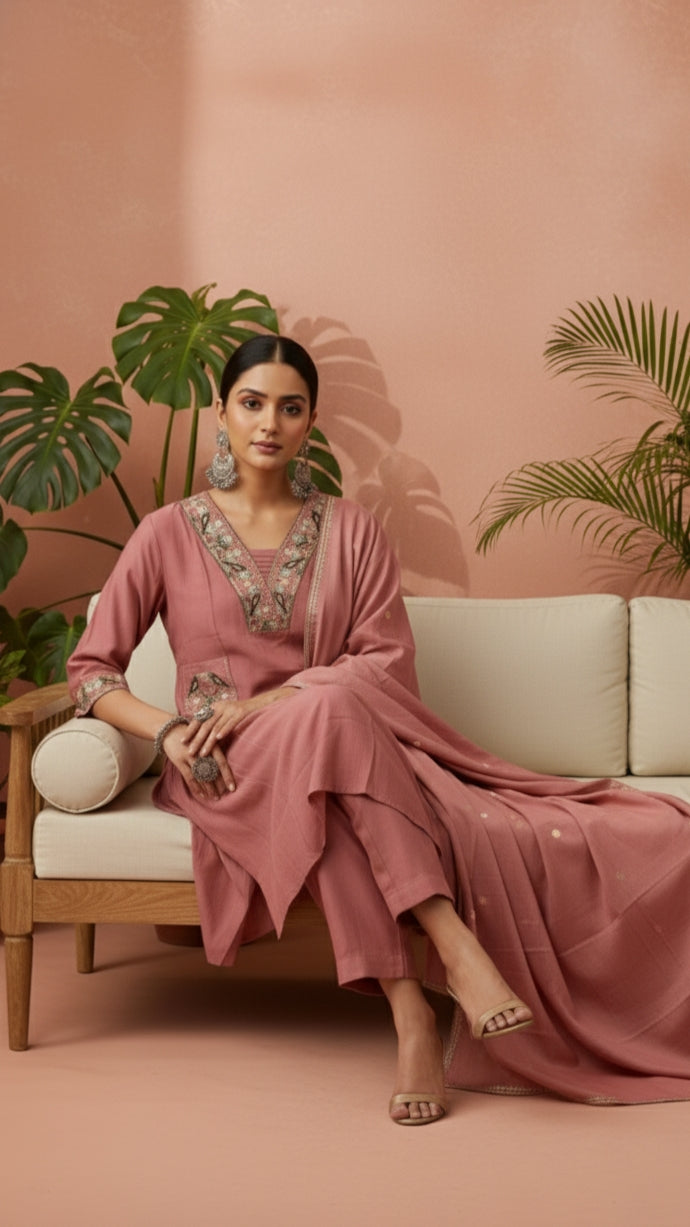 Nimesha Dusty Rose Embroidered Kurta Set with Dupatta