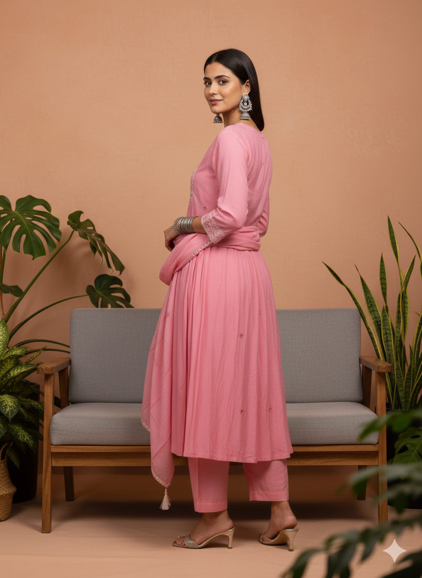 Shivansh Pink Embroidered Cotton Kurta Set with Straight Pants & Dupatta