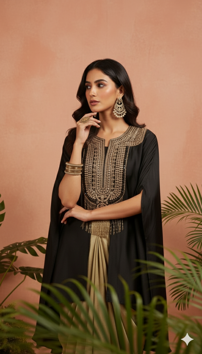 Black Cape Style Embellished Top with Golden Drape Skirt