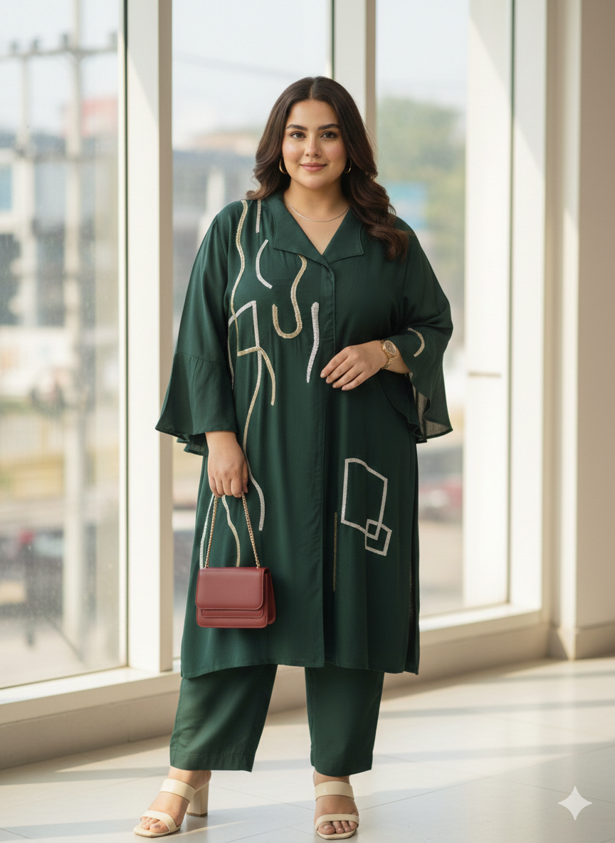 Srinshu Dark Green Indo-Western Suit Set WIth Embroidery Work