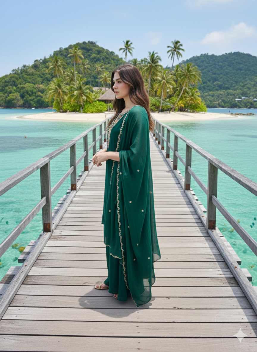 Herry Green Maslin Cotton Indo-Western Suit Set With Neck Floral Hand-Work