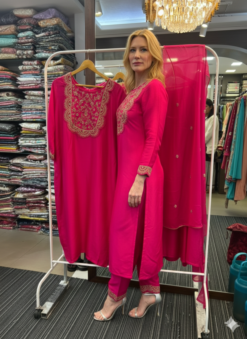 Richu Rani Indo Suit Set With Neck Hand-Work