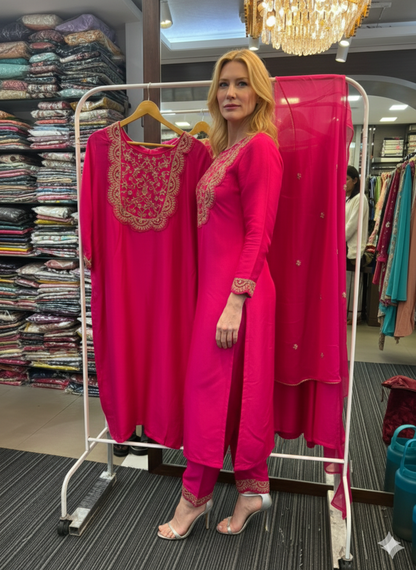 Richu Rani Indo Suit Set With Neck Hand-Work