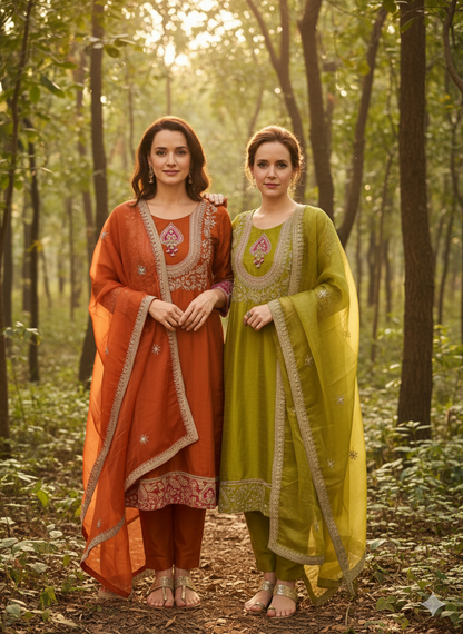 Rukmani Rust Suit Set With Heavy Neck Hand-Work