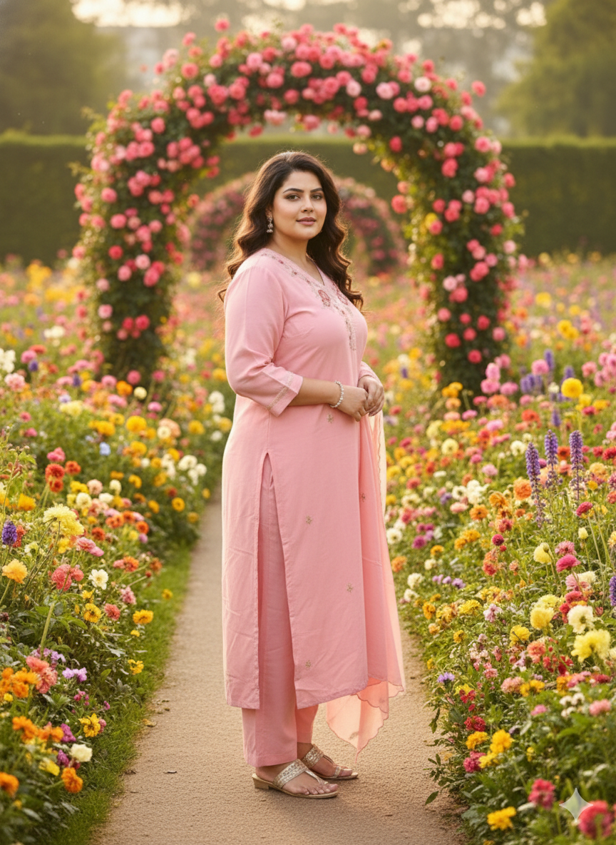 Hashmukhi Pink Indo Suit Set NEck Work Muslin Fabric