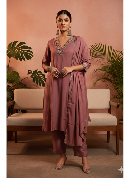 Nimesha Dusty Rose Embroidered Kurta Set with Dupatta