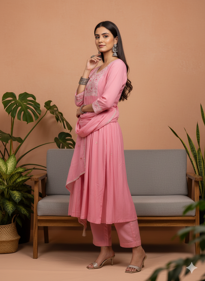 Shivansh Pink Embroidered Cotton Kurta Set with Straight Pants & Dupatta