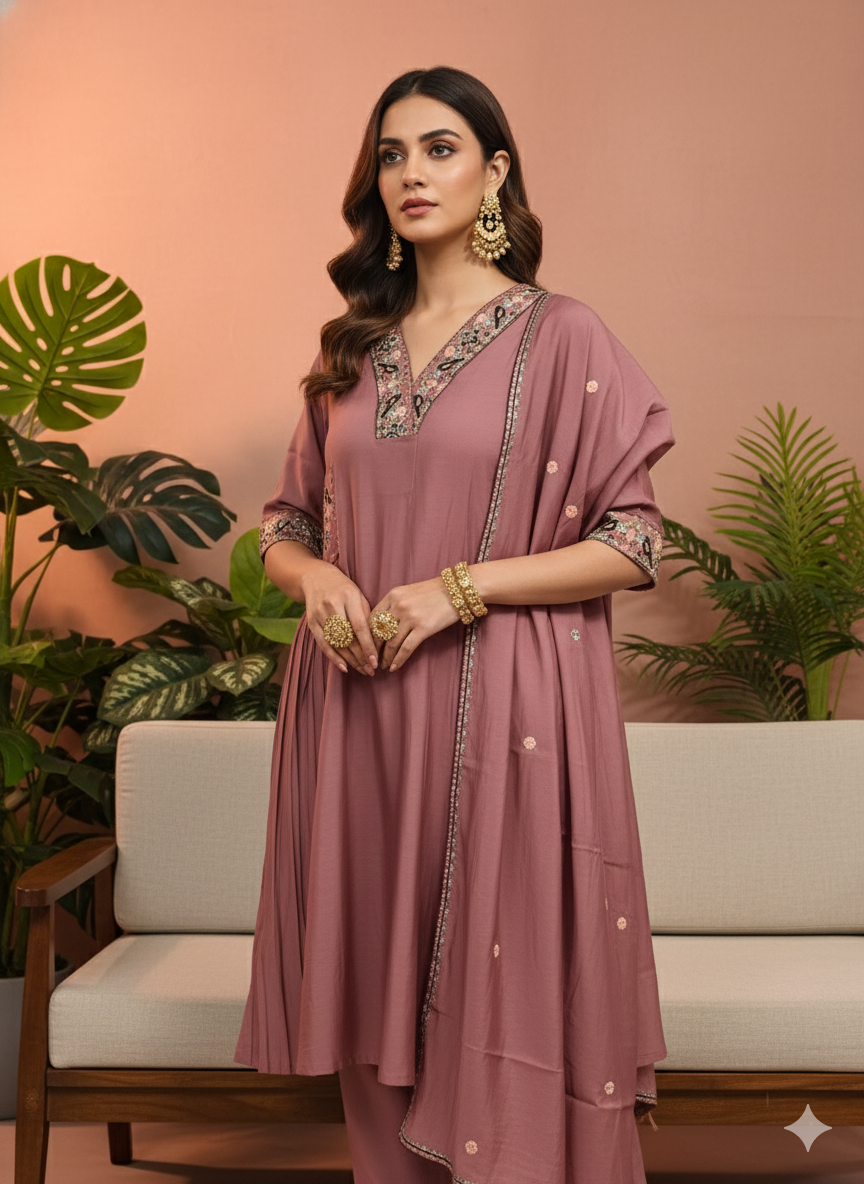 Nimesha Dusty Rose Embroidered Kurta Set with Dupatta