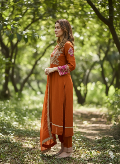 Rukmani Rust Suit Set With Heavy Neck Hand-Work