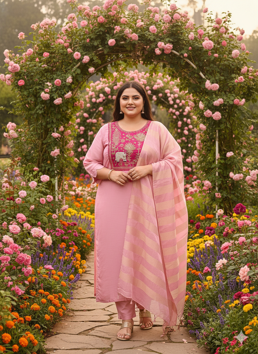 Rainbow Muslin Indo Suit Set Neck Hand-Work Floral