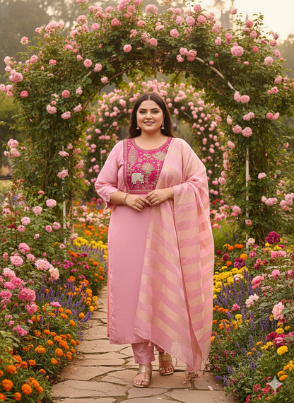 Rainbow Muslin Indo Suit Set Neck Hand-Work Floral