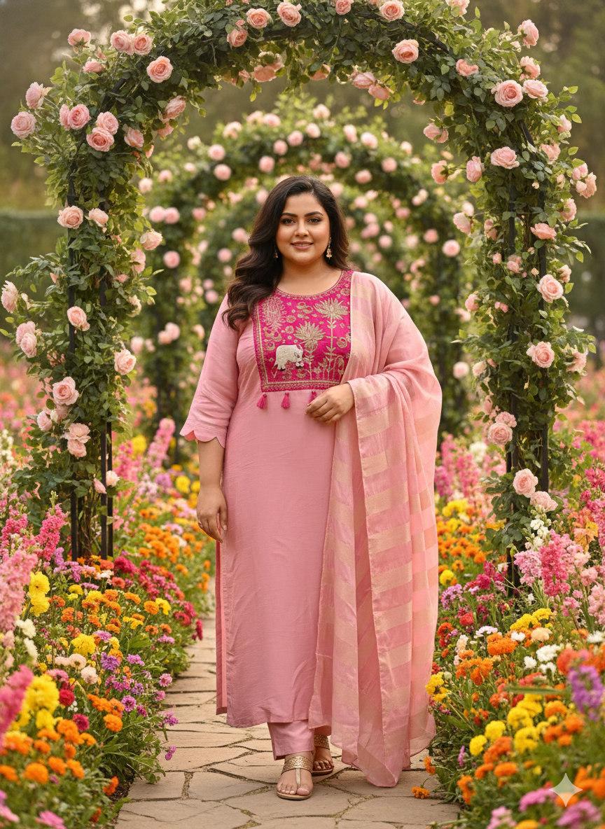 Rainbow Muslin Indo Suit Set Neck Hand-Work Floral