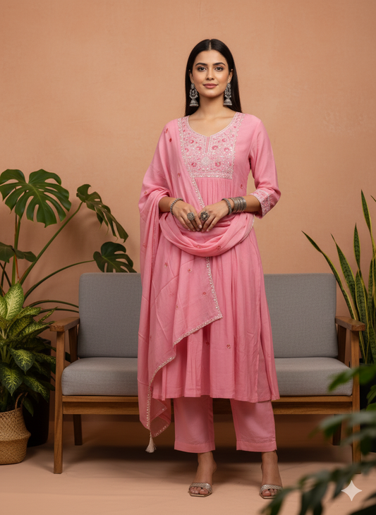 Shivansh Pink Embroidered Cotton Kurta Set with Straight Pants & Dupatta