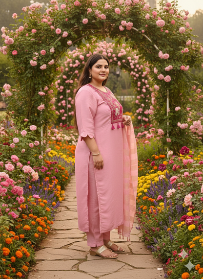 Rainbow Muslin Indo Suit Set Neck Hand-Work Floral