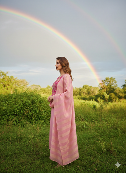 Rainbow Muslin Indo Suit Set Neck Hand-Work Floral