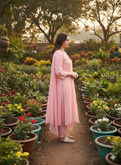 Hashmukhi Pink Indo Suit Set NEck Work Muslin Fabric