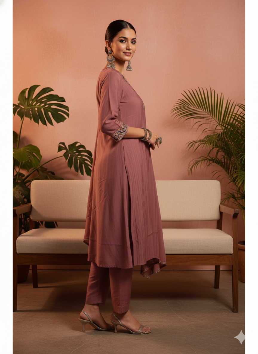 Nimesha Dusty Rose Embroidered Kurta Set with Dupatta