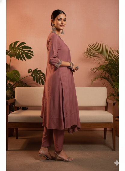 Nimesha Dusty Rose Embroidered Kurta Set with Dupatta