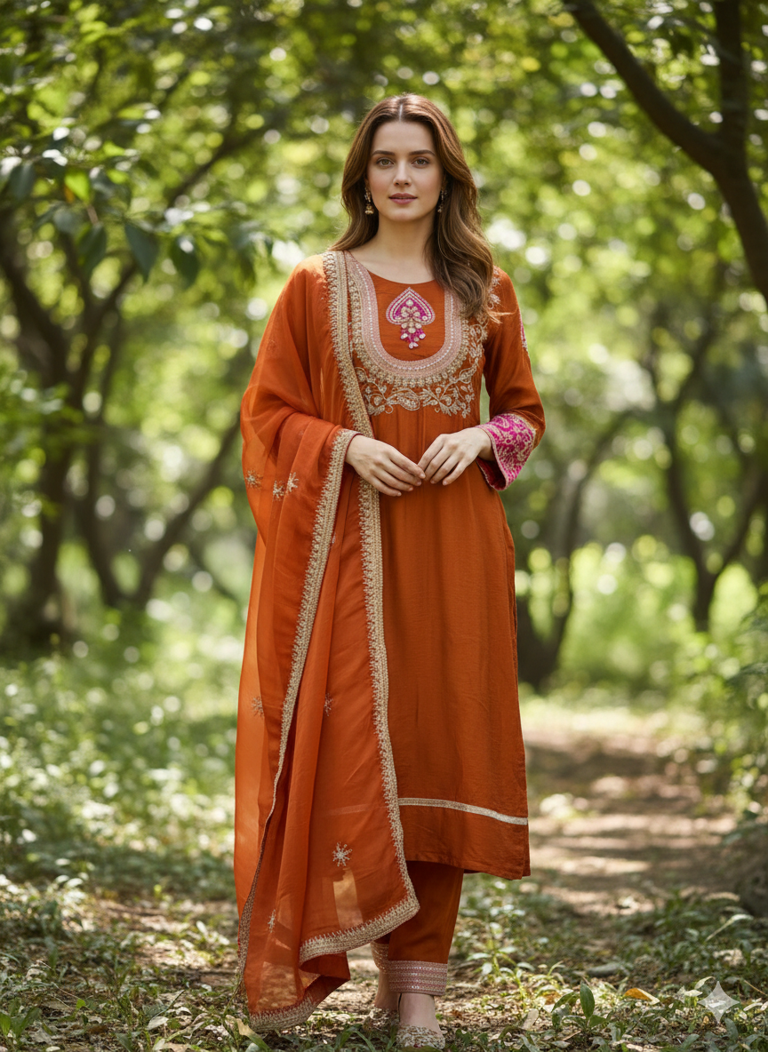 Rukmani Rust Suit Set With Heavy Neck Hand-Work