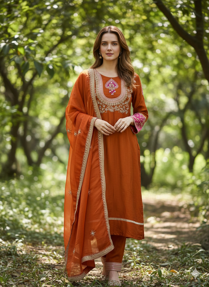 Rukmani Rust Suit Set With Heavy Neck Hand-Work