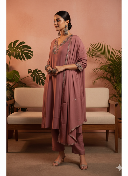 Nimesha Dusty Rose Embroidered Kurta Set with Dupatta