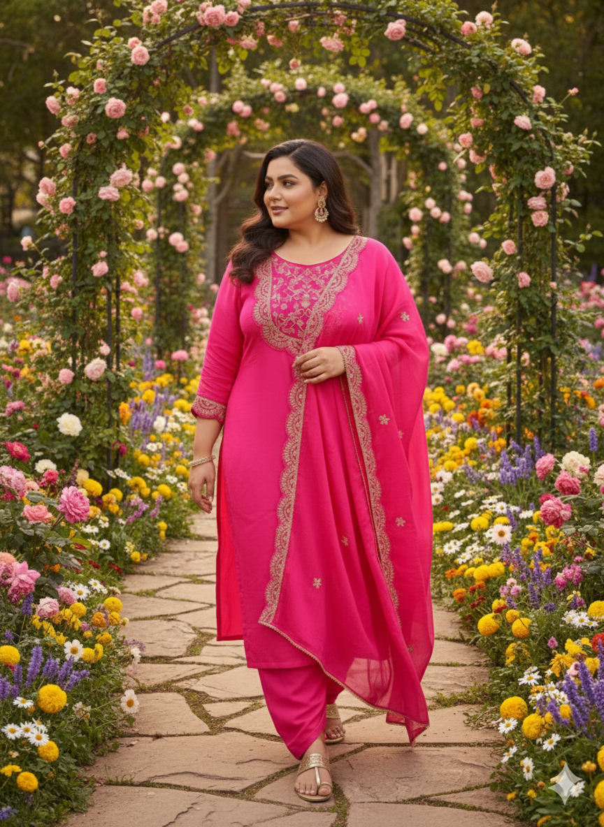 Richu Rani Indo Suit Set With Neck Hand-Work