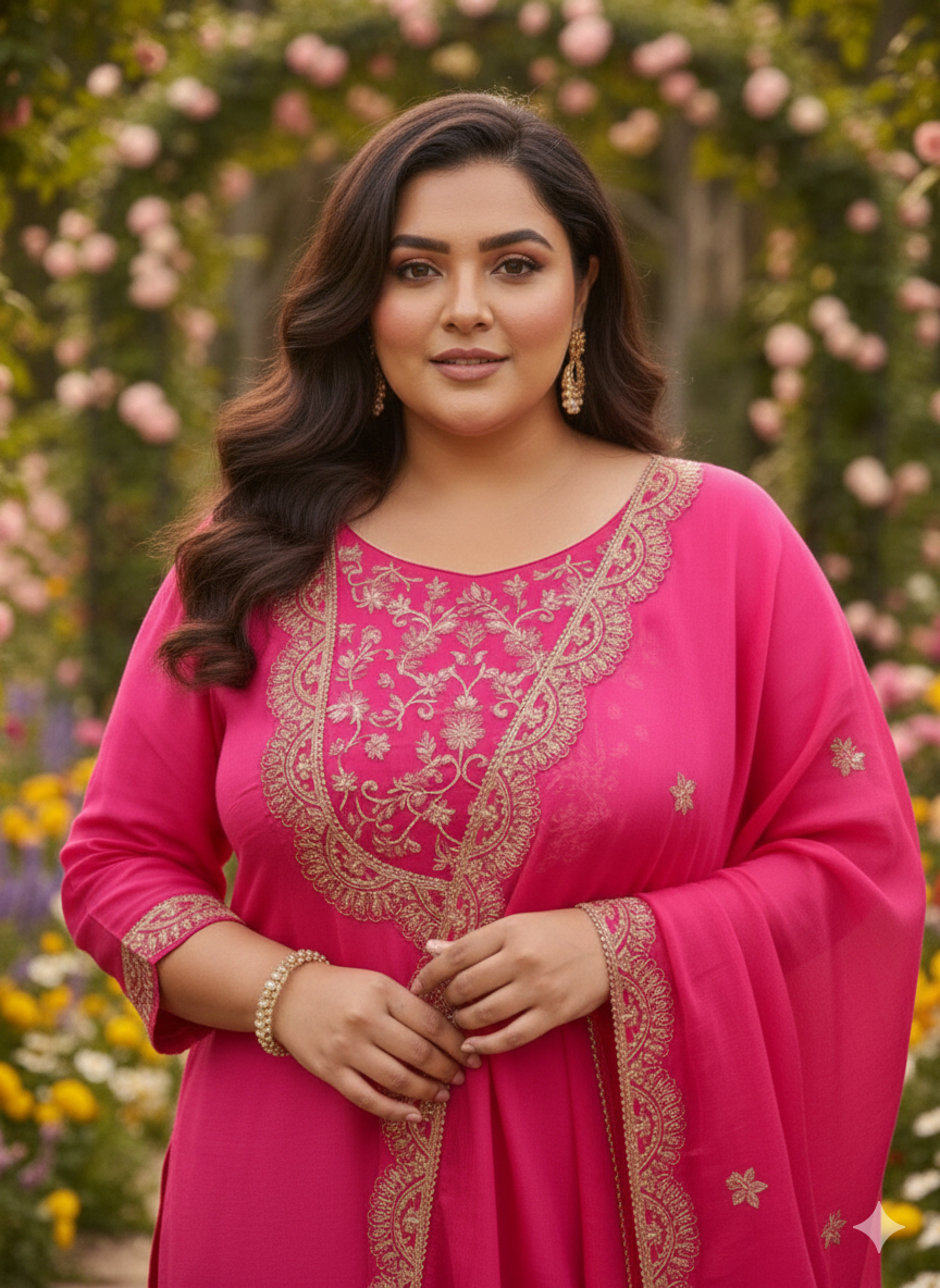 Richu Rani Indo Suit Set With Neck Hand-Work