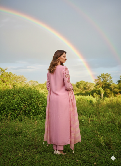 Rainbow Muslin Indo Suit Set Neck Hand-Work Floral