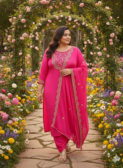 Richu Rani Indo Suit Set With Neck Hand-Work