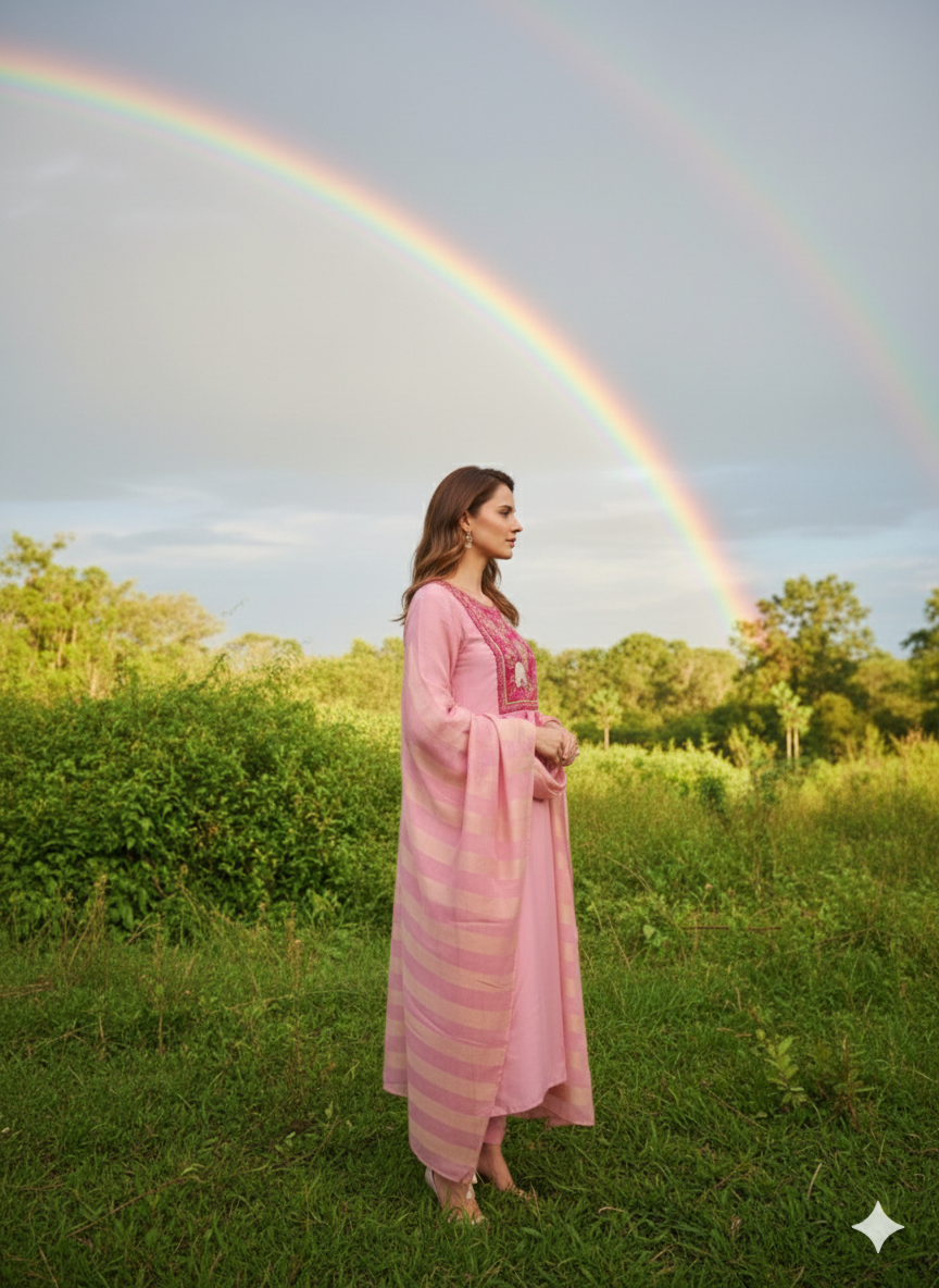 Rainbow Muslin Indo Suit Set Neck Hand-Work Floral