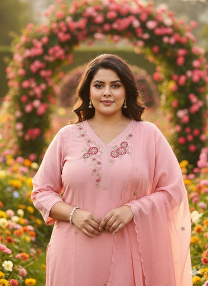 Hashmukhi Pink Indo Suit Set NEck Work Muslin Fabric