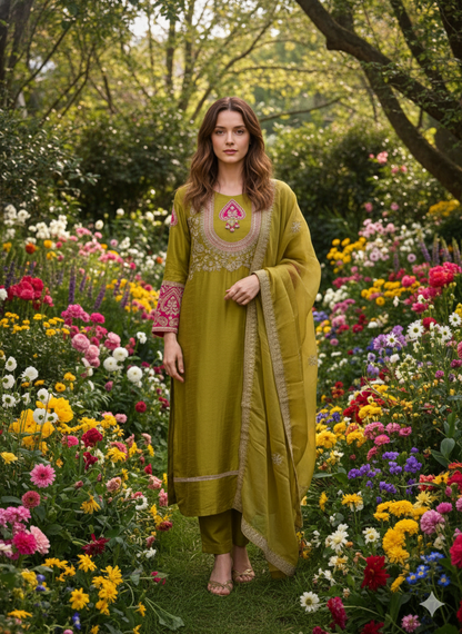 Rukmani Mehndi Suit Set With Neck Heavy Hand-Work