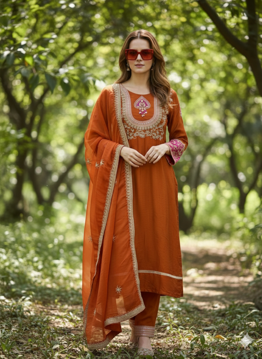 Rukmani Rust Suit Set With Heavy Neck Hand-Work